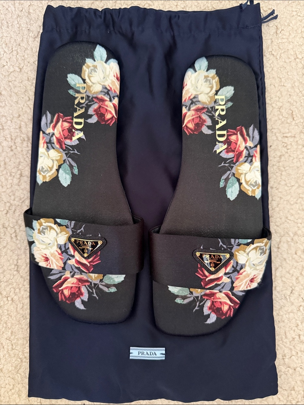 Prada Black Floral silk Slide Sandals